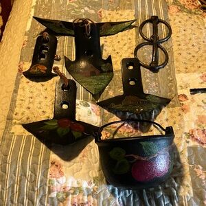 Black Hand-Painted Cast Iron Kitchen Hooks & Mini Cauldron - Fruit Motif